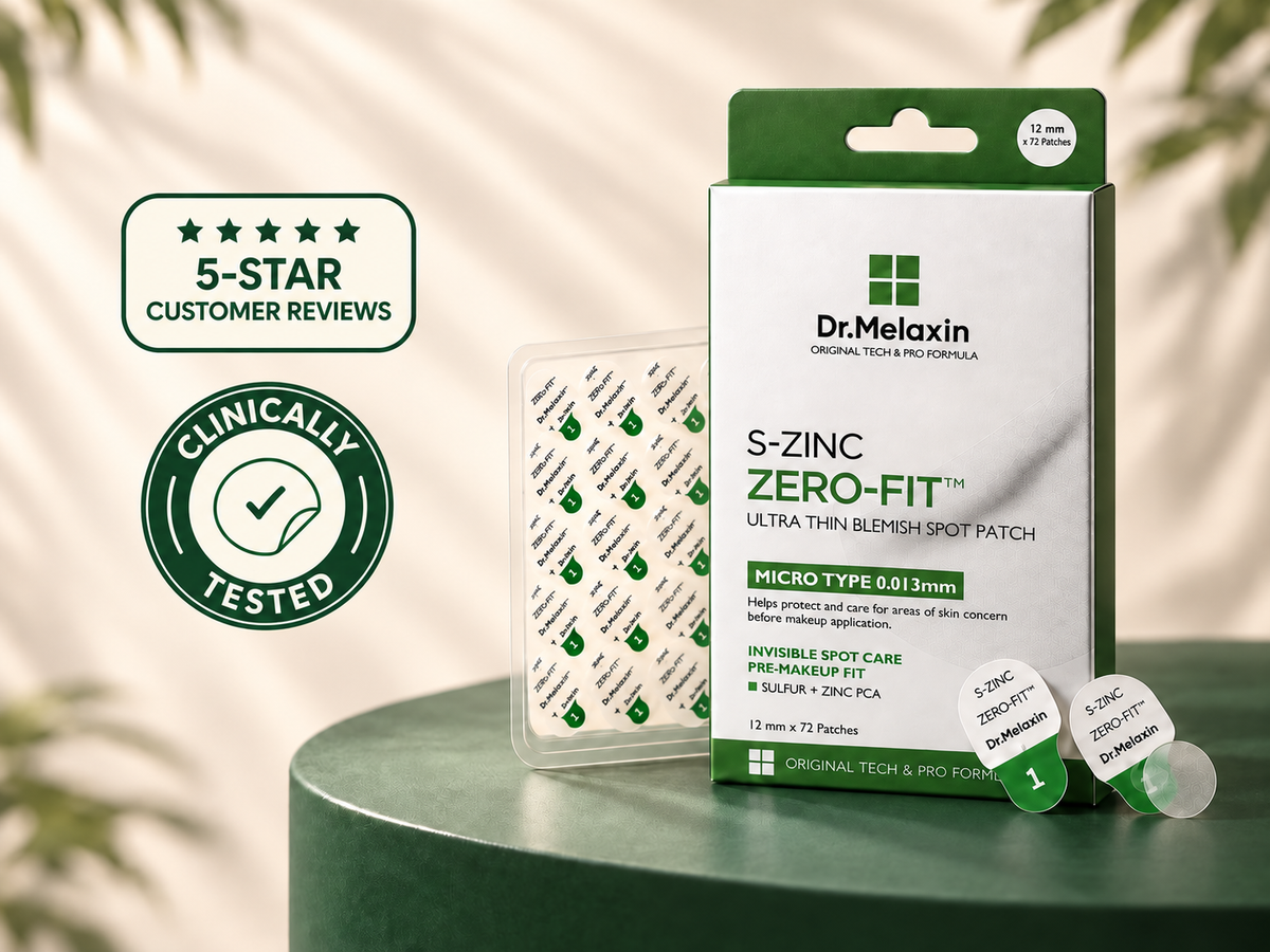 Dr.Melaxin Zero-Fit S-Zinc and Mela-C·E boxes with a patch sheet