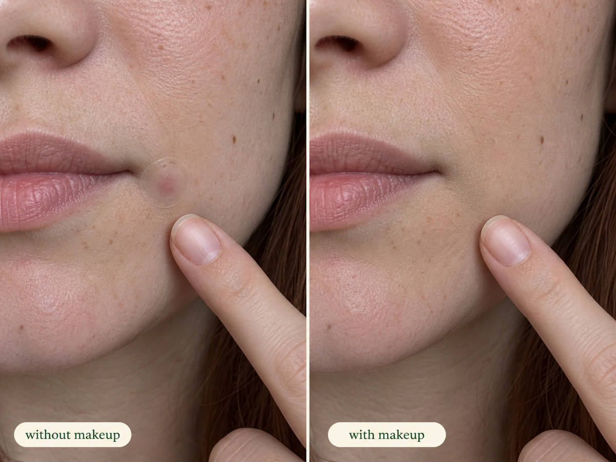 Patch on a chin spot without makeup, then the same spot with makeup over the patch