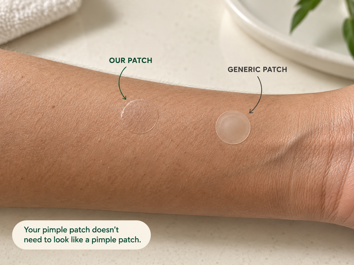 Our patch beside a generic pimple patch on a forearm