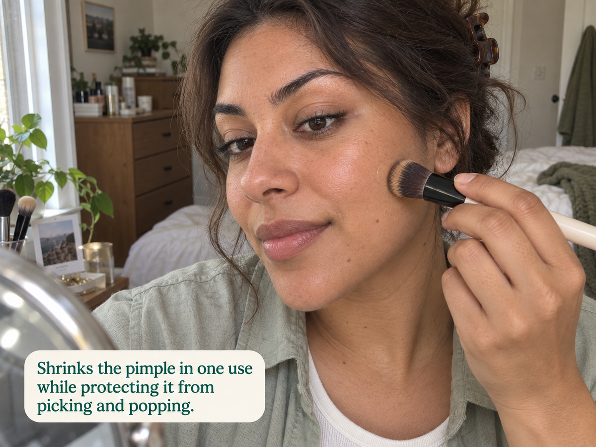 Applying foundation over the patch in a bedroom mirror