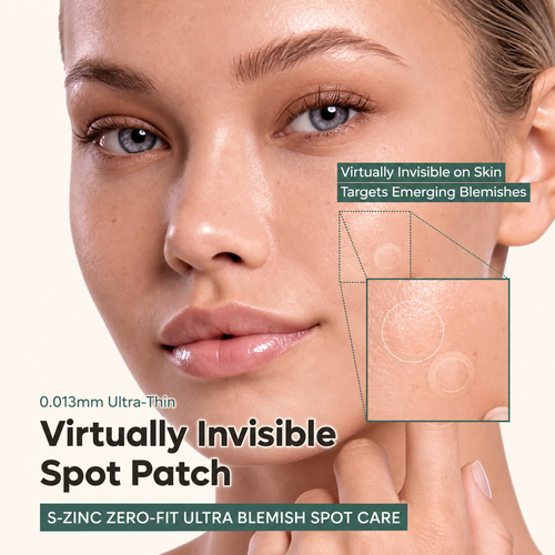 Zero-Fit ultra-thin blemish spot patch, virtually invisible on skin, targets emerging blemishes