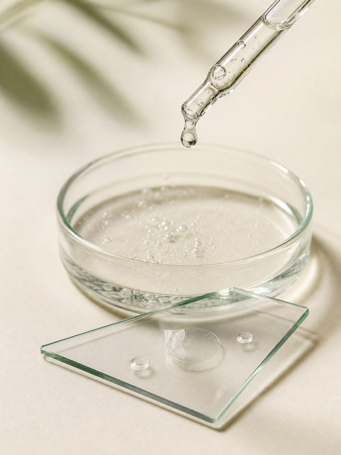 Serum drops in a petri dish beside a clear patch film