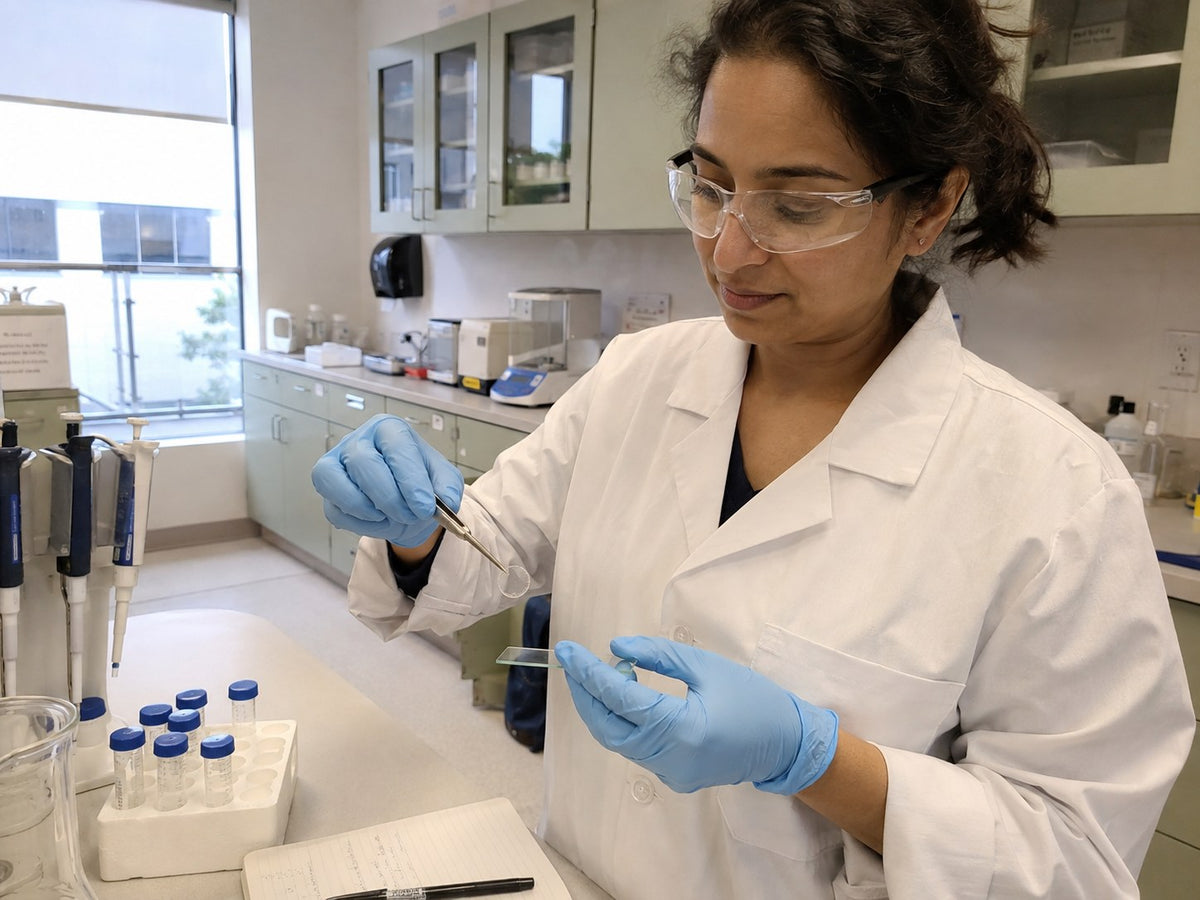 Conceptual lab scene: a researcher examining a thin patch film