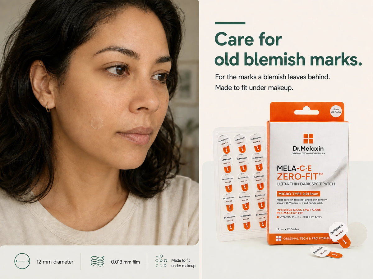 Person beside the Mela-C·E box, captioned care for old blemish marks.