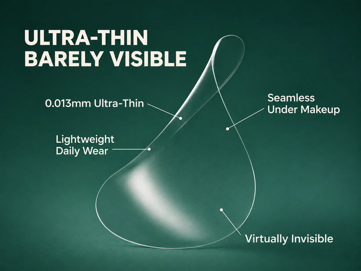 The Zero-Fit film on a dark green background, labelled 0.013 mm ultra-thin and seamless under makeup.