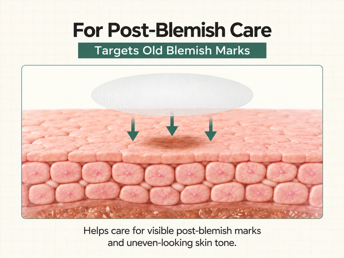 Illustrated cross-section of skin showing a patch over a post-blemish mark.