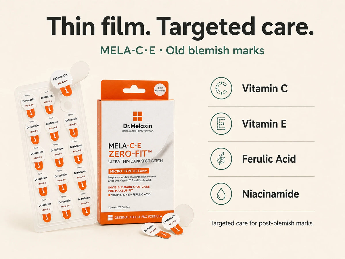 Mela-C·E box and patch sheet beside its listed ingredients.