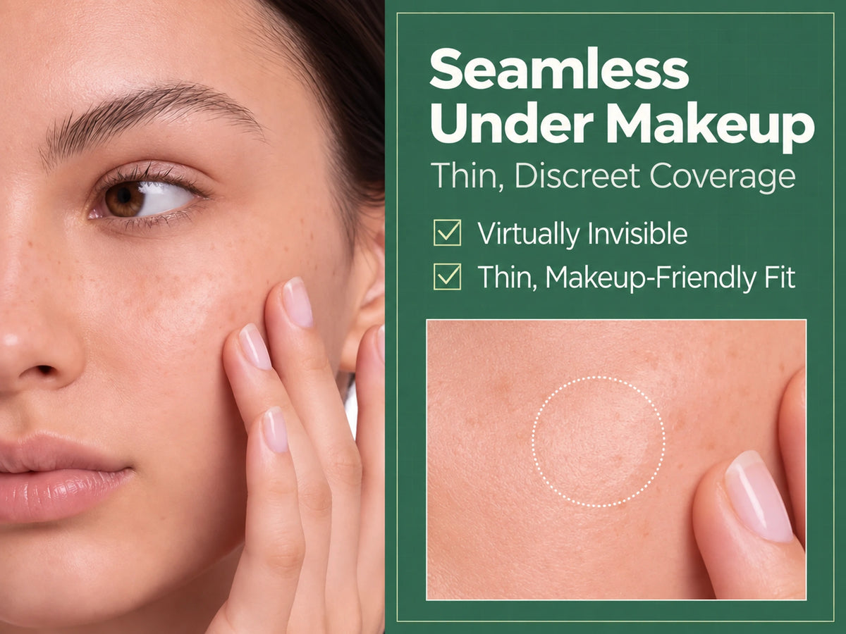 A Mela-C·E patch worn on the cheek beside a close-up with makeup applied over it.