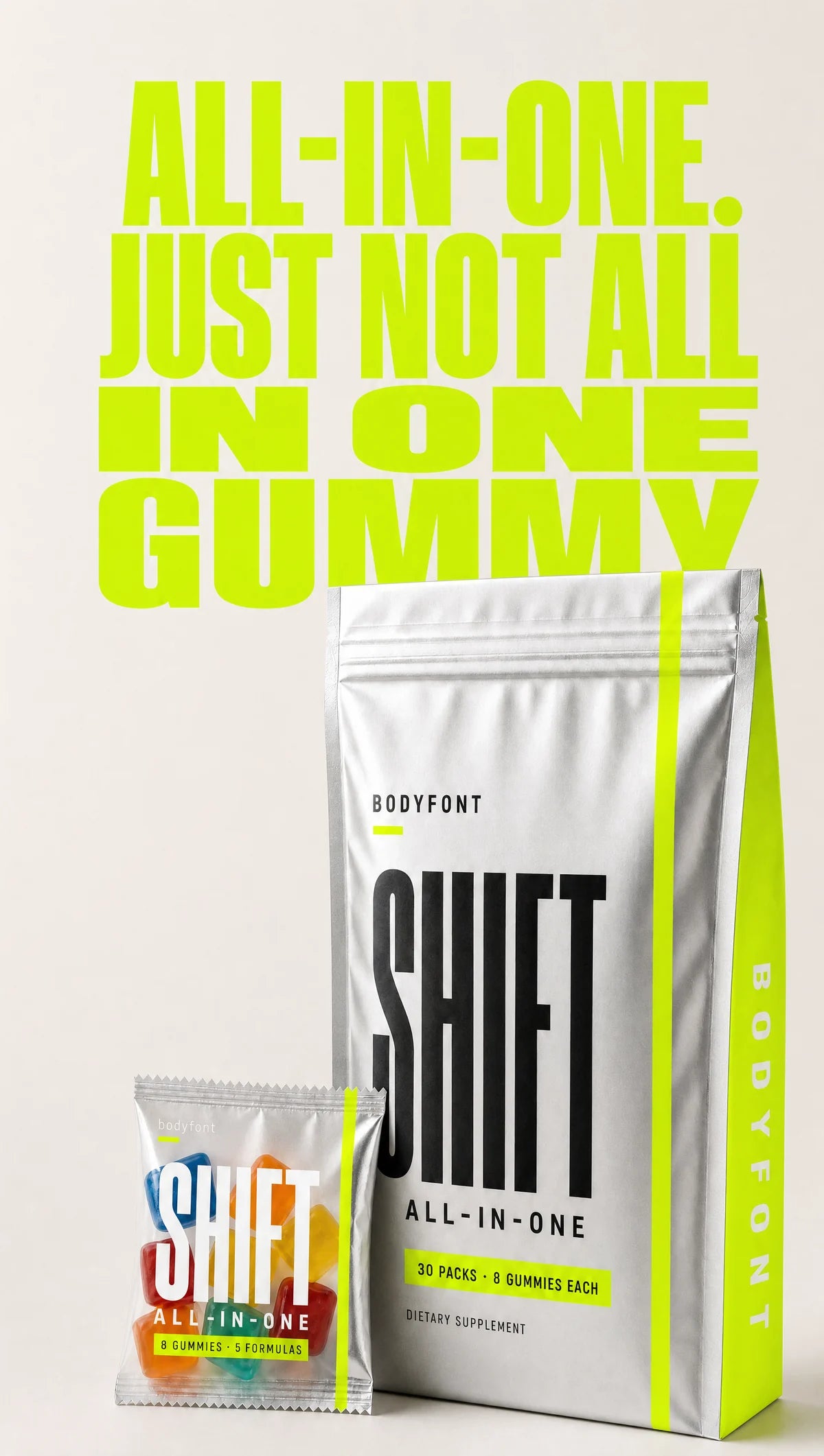 BODYFONT SHIFT all-in-one gummies pouch and single-serve pack