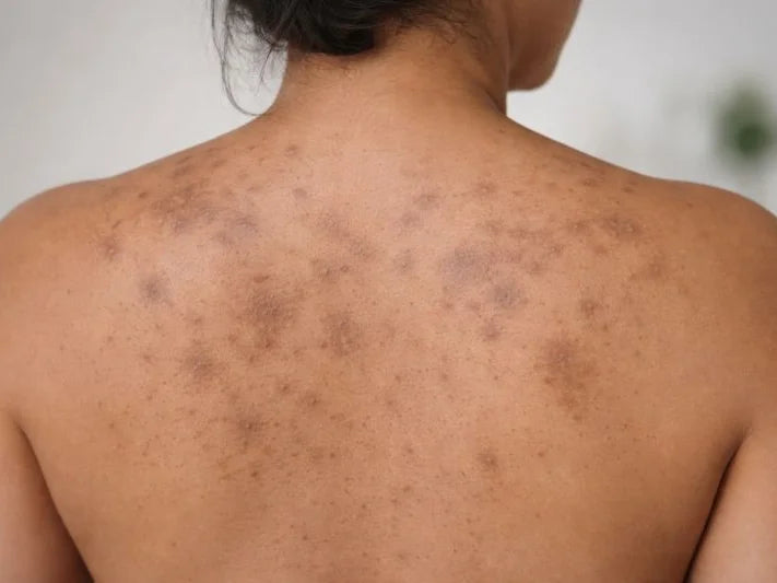 Darker marks across the upper back