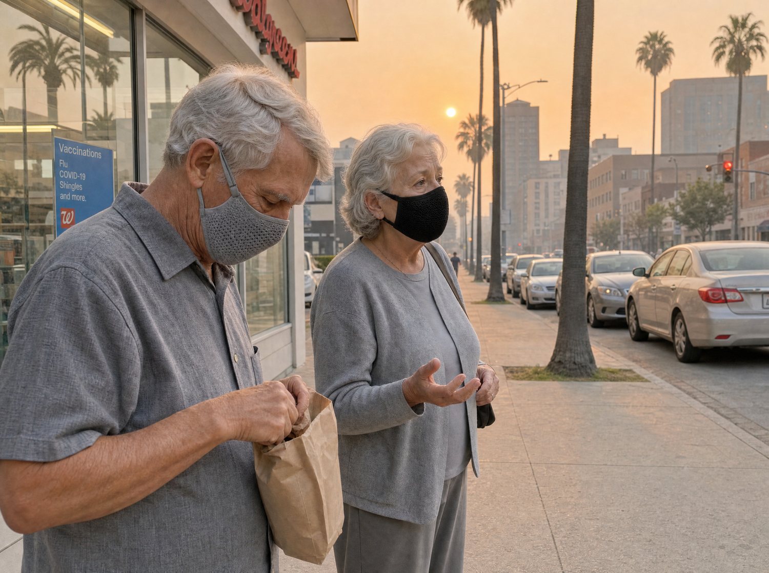 An older couple running errands in cloth masks under a smoke-hazed sky