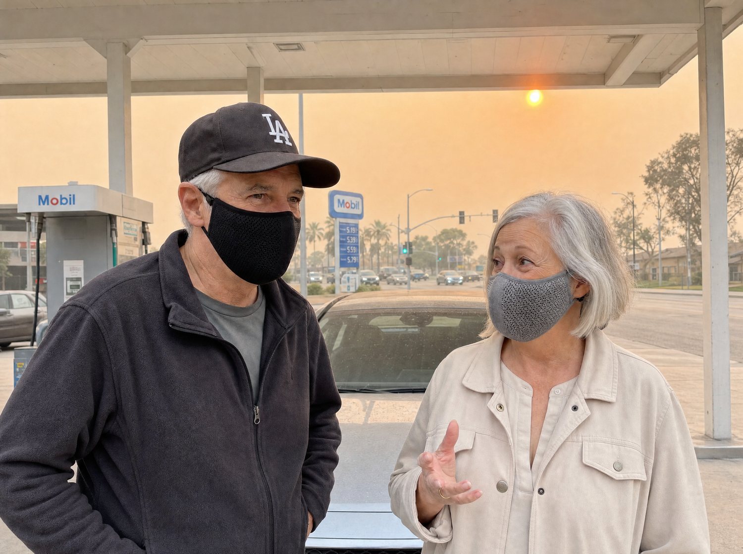 A couple stops for gas on a smoky afternoon, both wearing masks