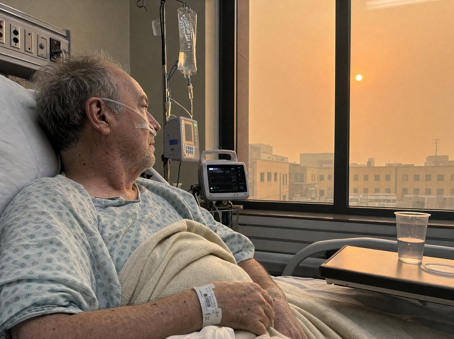 An older patient on supplemental oxygen looks out a hospital window at a smoke-filled sky
