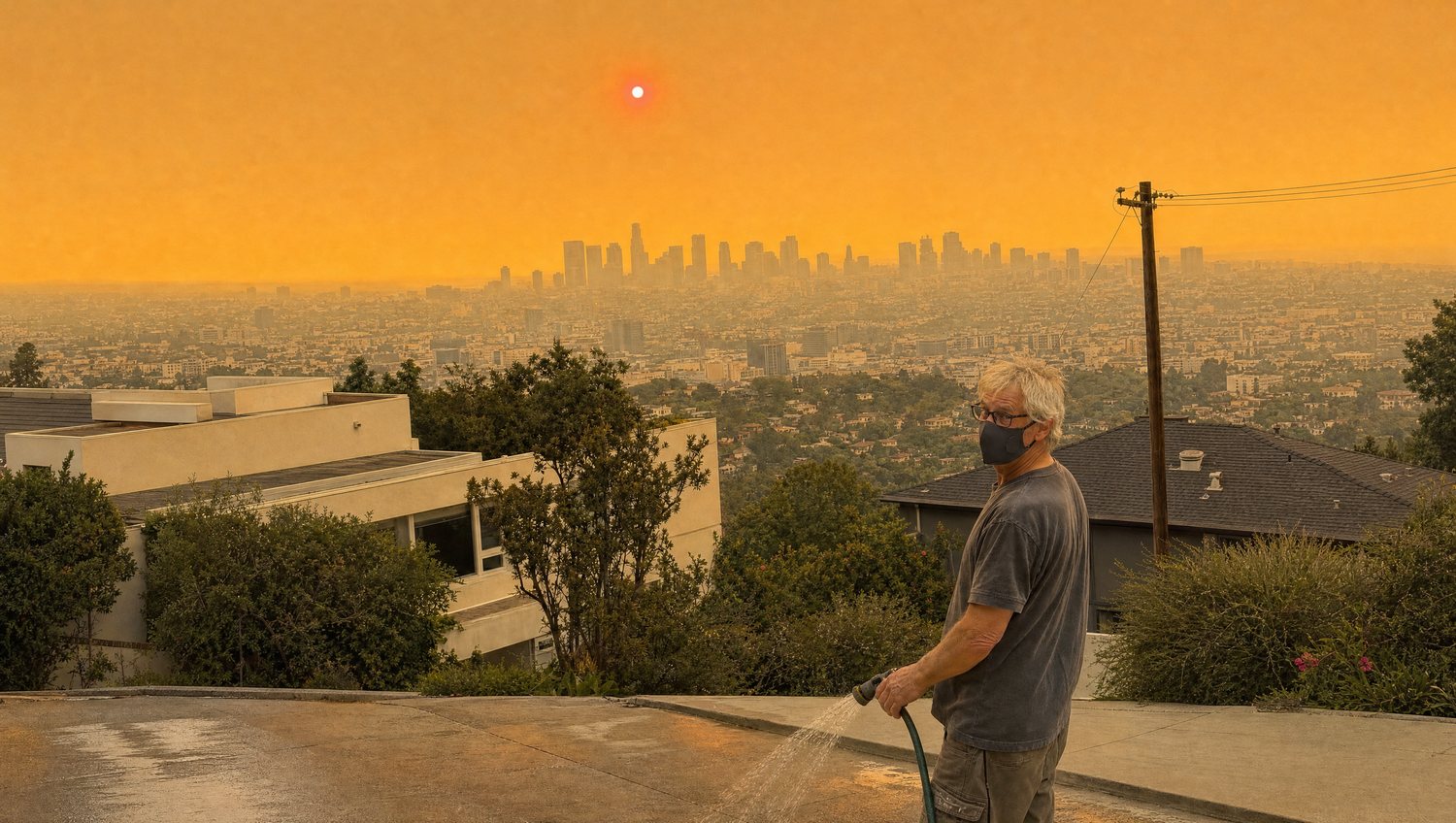 A resident wets down a driveway as wildfire smoke turns the sky orange over the city skyline