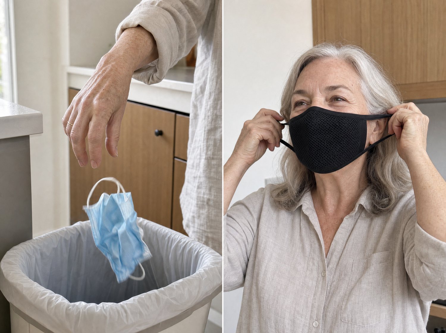 Left: a disposable surgical mask dropped in the bin. Right: a woman fitting a reusable filtration mask.