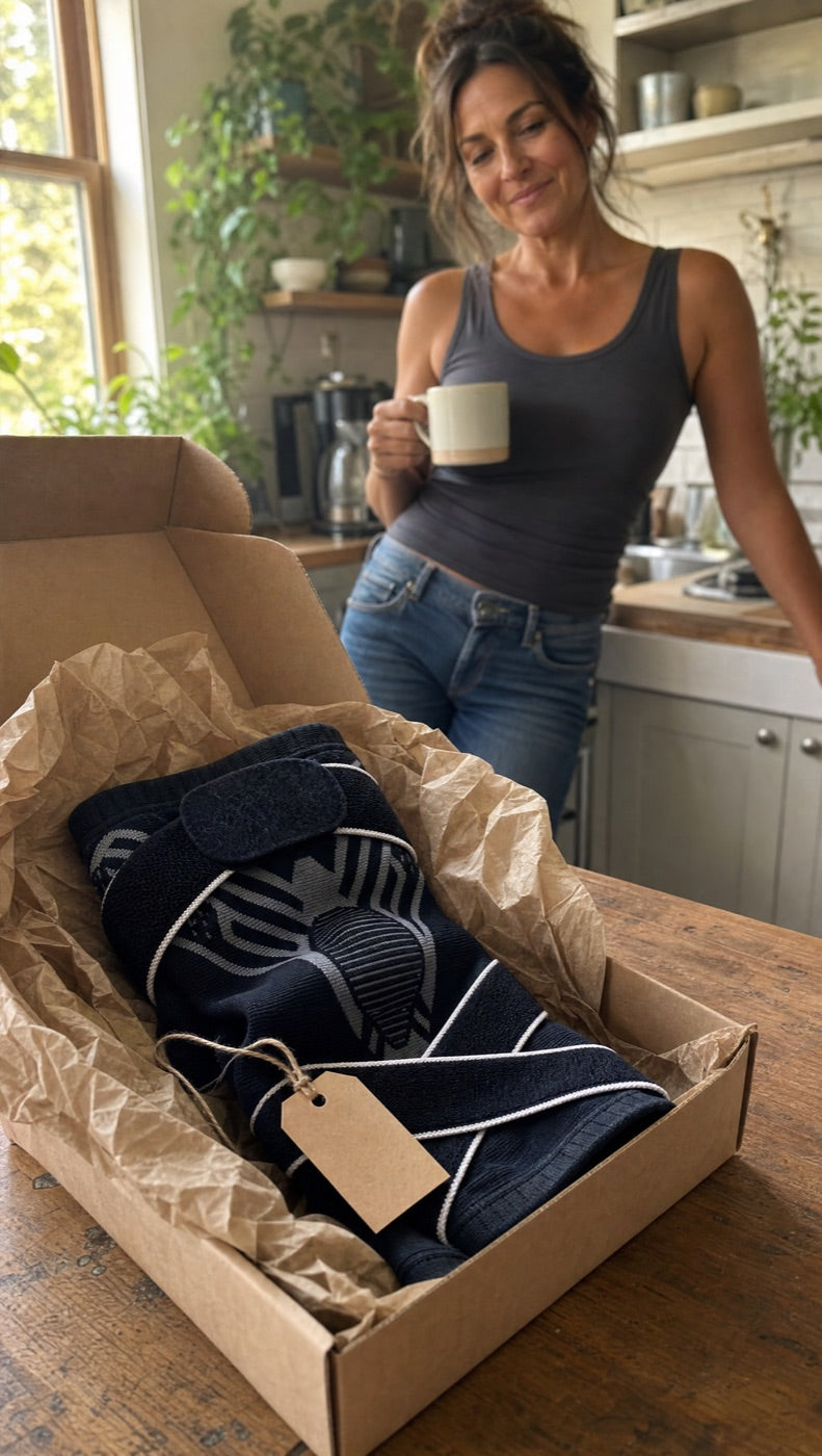 The Cinch brace arriving in its box on the kitchen table